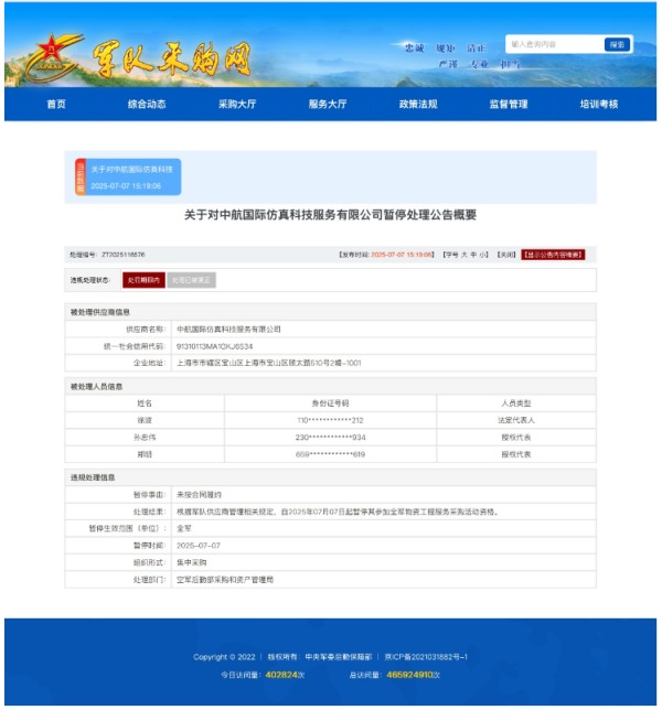 涵星配资 中航科创有限公司控股子公司因违约被暂停全军采购资格