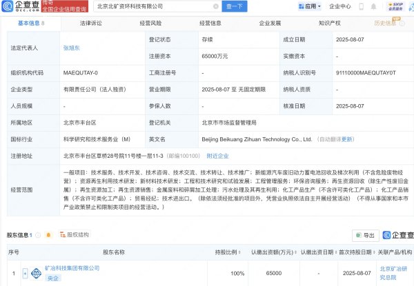 骆驼优配门店 矿冶科技集团成立北矿资环科技公司，注册资本6.5亿